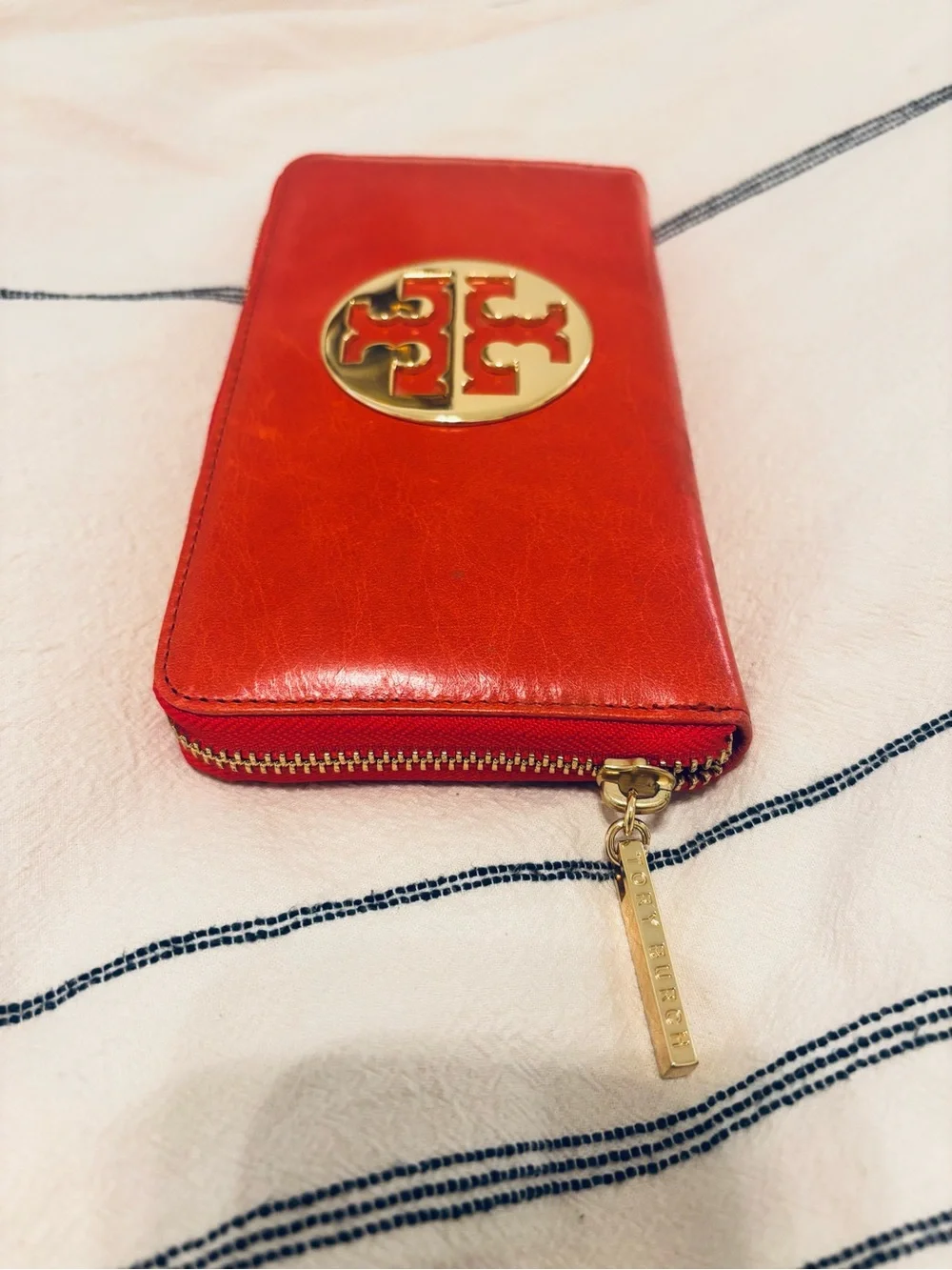 Tory Burch Red Leather Zip Wallet with Gold Logo